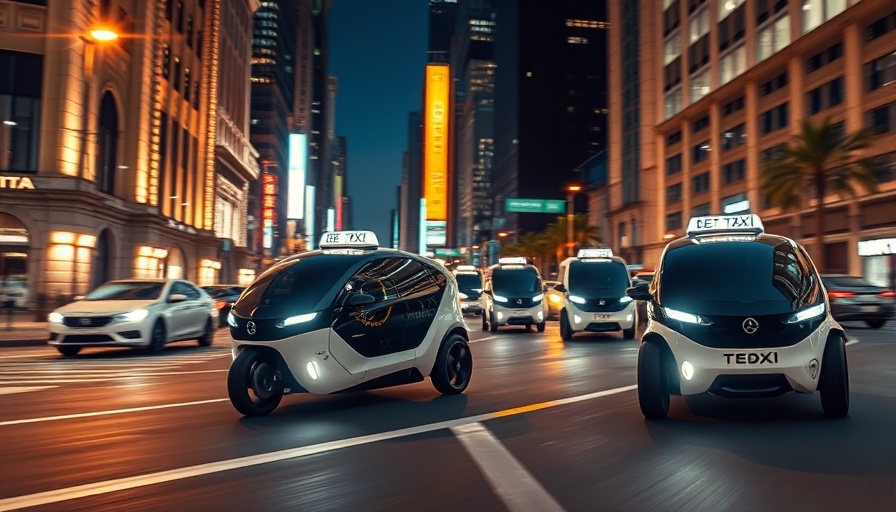 Futuristic robotaxi fleet showcasing shared mobility in a dynamic cityscape.