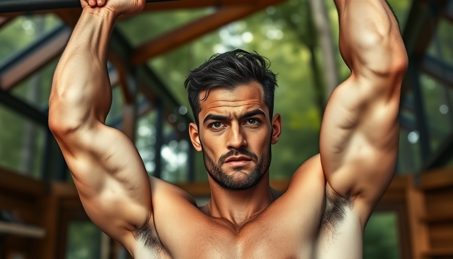 Athletic man performing pull-up in forest-themed gym, dynamic exercise stance.