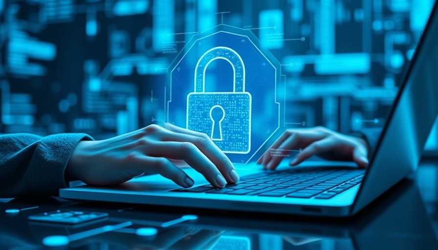 Futuristic cyber security hologram over laptop illustrating deepfakes financial fraud.