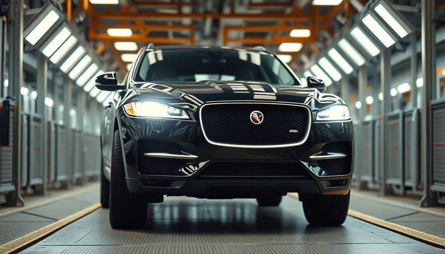 Jaguar SUV on assembly line in factory, brightly lit.