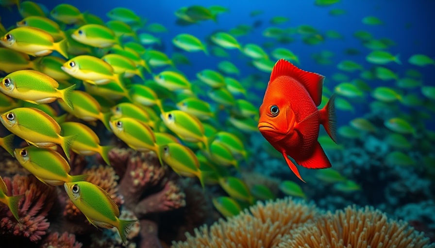 Vivid red fish standing out in a school of green fish.