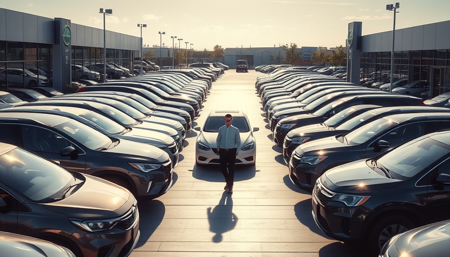 Car dealership lot with many cars, man walking amid US automaker stocks dip.