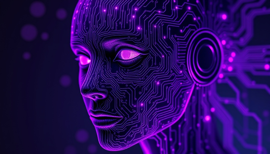 Futuristic digital face with circuits, glowing purple, XponentL Data Products.