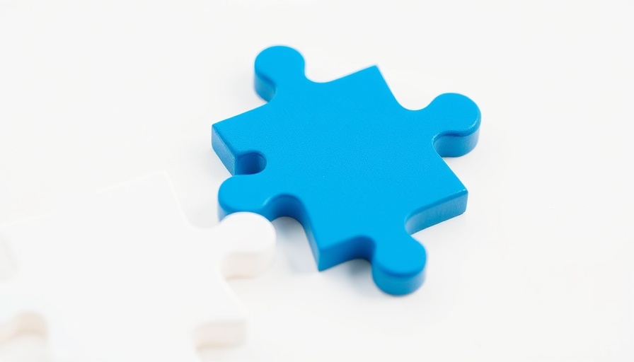 Blue puzzle piece fitting into white pieces, symbolizing connection.
