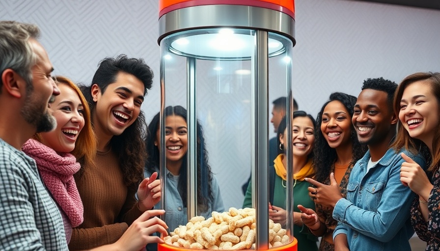 Joyful people engaging with claw machine at event