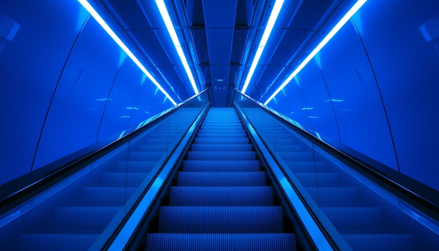 Futuristic neon-lit escalator symbolizing custom AI solutions