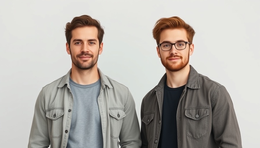 Two men in a photorealistic portrait, plain background.