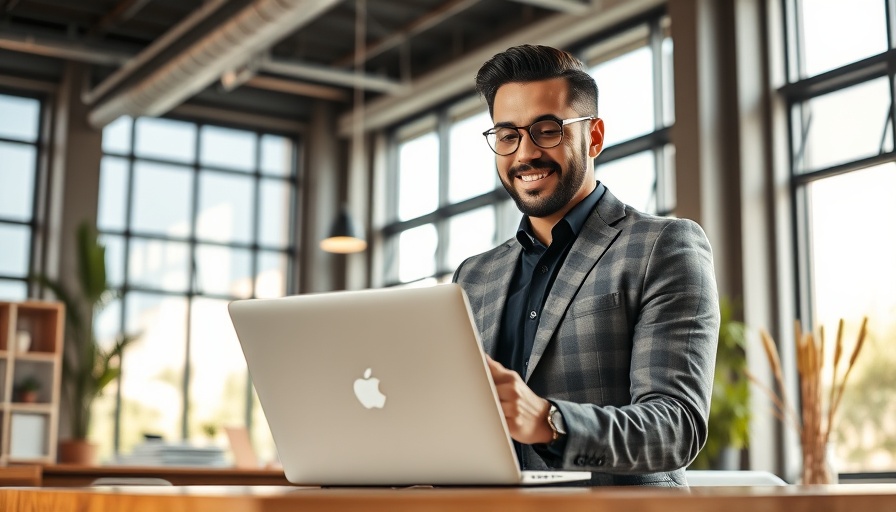 Professional woman working on laptop in modern flexible workspace.