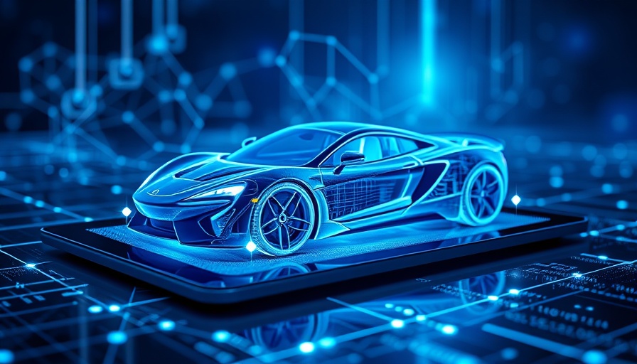Futuristic blue sports car hologram emerging from tablet, symbolizing hedge against tariffs.