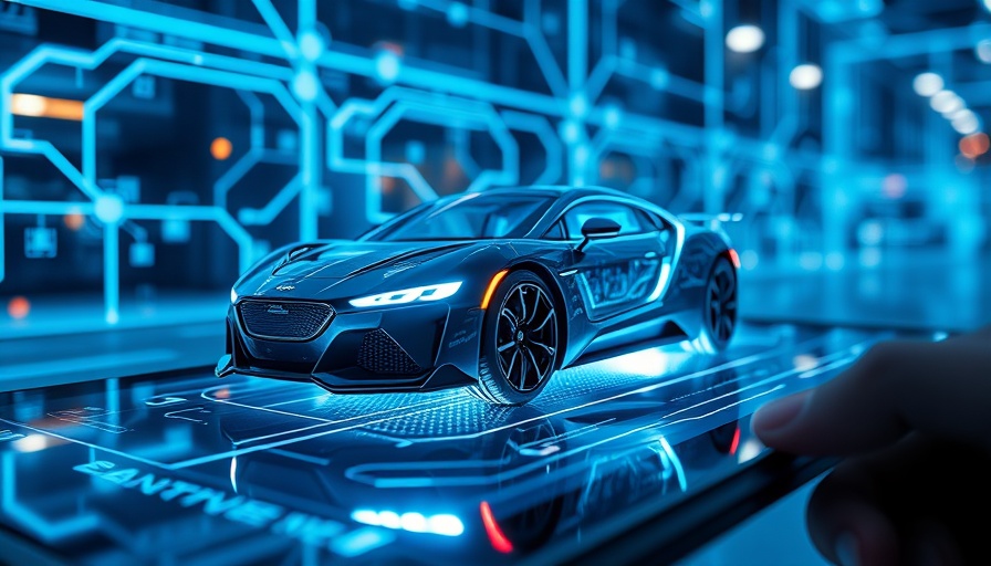 Futuristic digital car emerging, symbolizing data and automation.