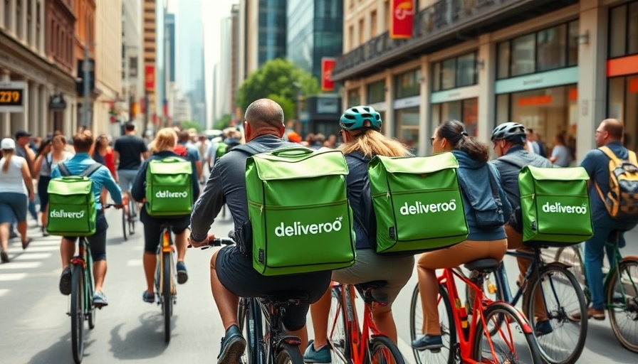 Group of Deliveroo cyclists riding on a city street, DoorDash acquisition of Deliveroo