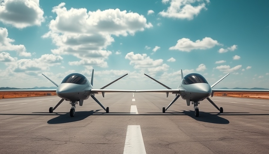 Dual-use drones on runway, prepared for flight under cloudy sky.