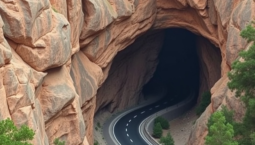 Natural rock tunnel on a scenic road for RV adventures.