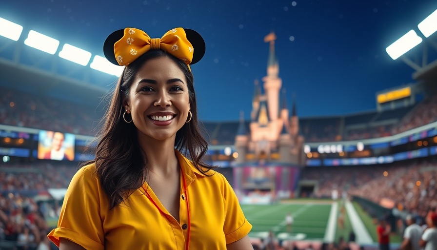 Disney Super Bowl Advertising scene with woman in yellow presenting.