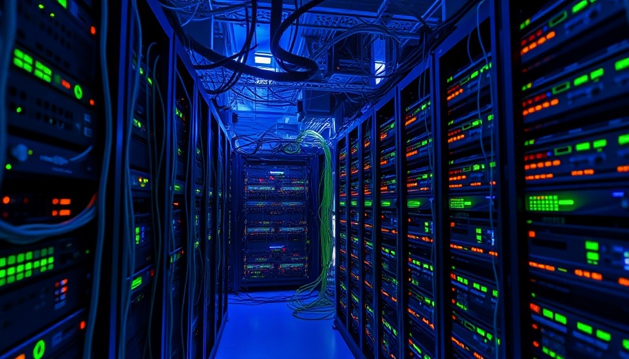 DigitalOcean server rack with glowing LEDs and cables, representing stock dynamics.
