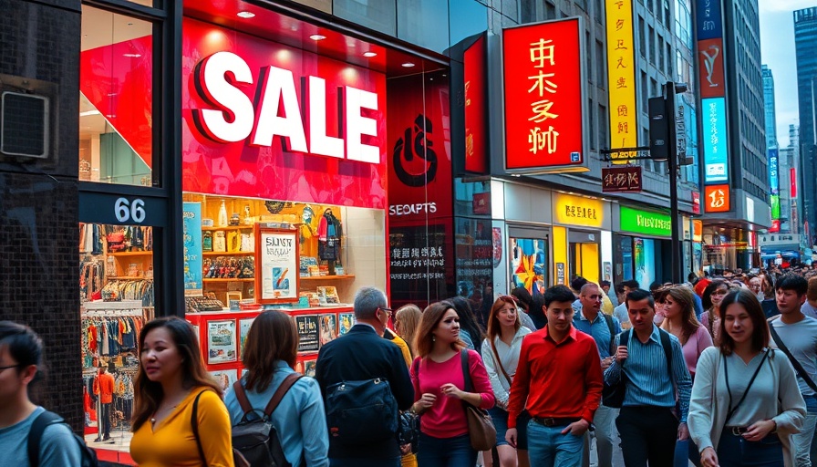 Retail renaissance for marketers: vibrant city storefront with sale sign and pedestrians.