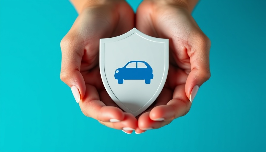 Hands holding car warranty symbol on blue background.