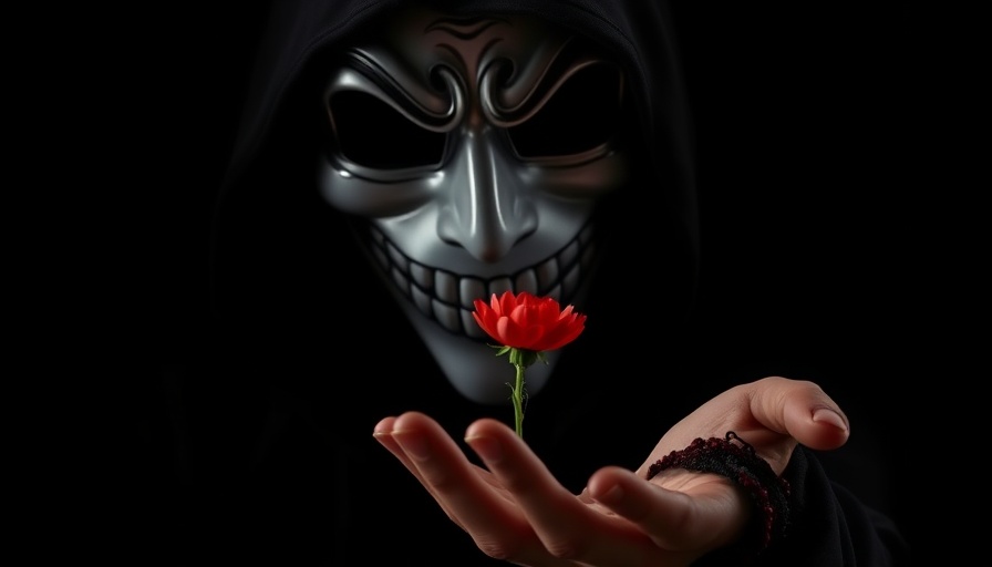 Mysterious mask and hand with flower, conveying hidden motives in sales.