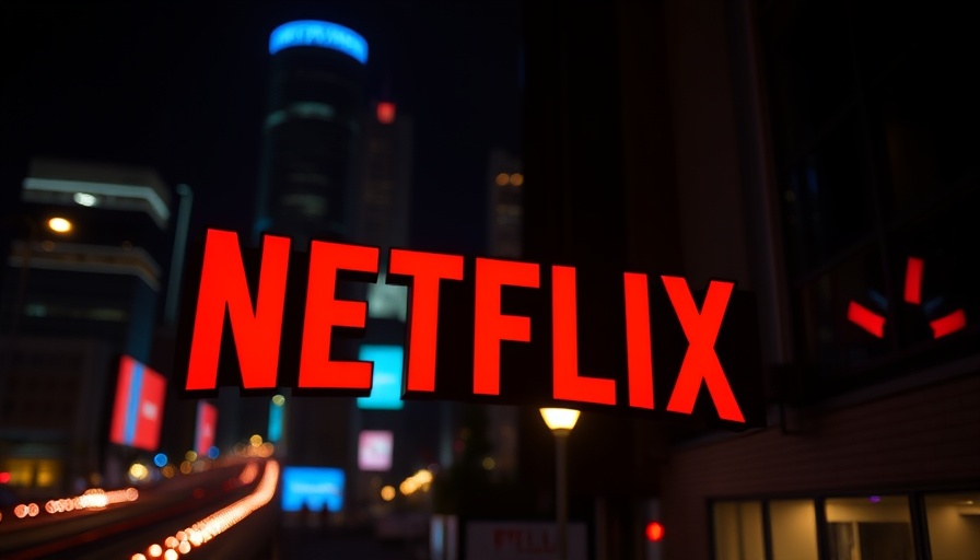 Illuminated Netflix sign with vibrant red letters over blurred cityscape.