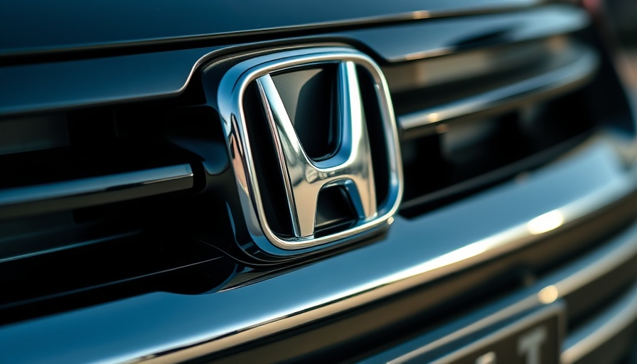 Close-up of shiny Honda emblem on black grille reflecting light.