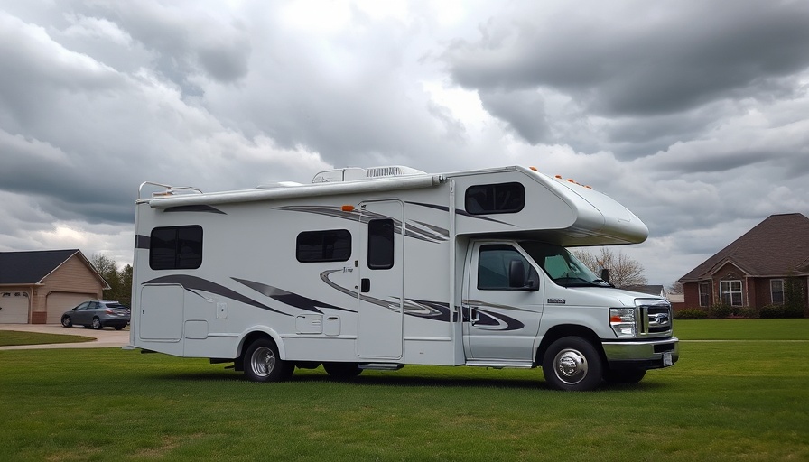 Sturdy RV parked during tornado season with cloudy sky.