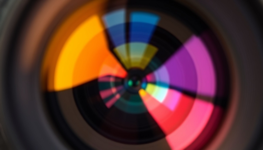 Close-up of a camera lens with human-like color vision, reflecting vibrant colors.