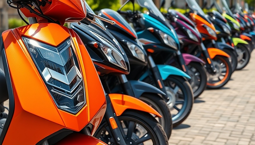 Motorcycles lined up on pavement, featuring an orange fender.