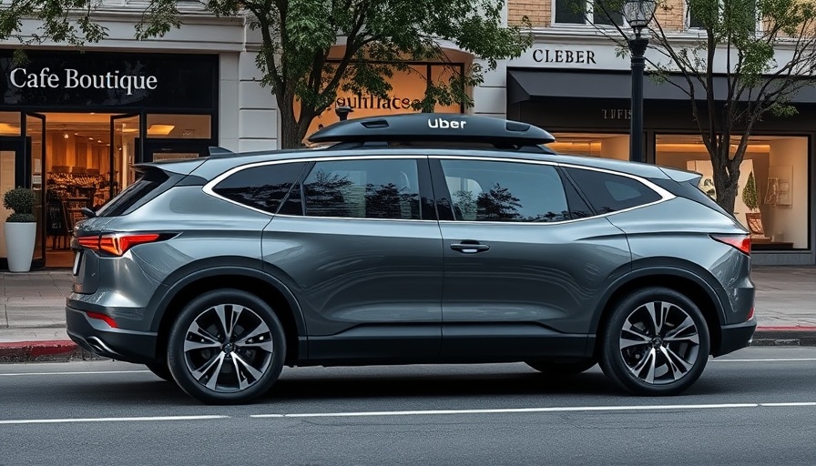 Autonomous Uber SUV parked in urban area with boutique stores.