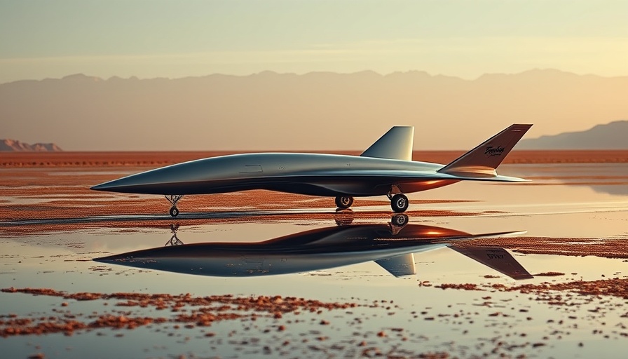 Reusable Hypersonic Rocket Plane reflecting on water in desert.
