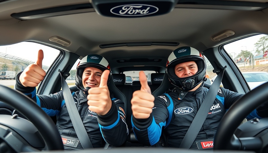 Ford Performance drivers launch season giving thumbs up in rally car.