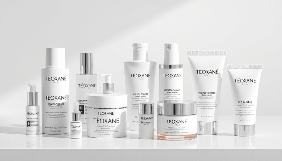 Elegant lineup of Teoxane dermocosmetic products in white packaging.