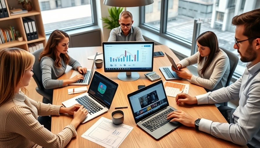 Professionals in meeting using laptops for video marketing strategies for dealerships.
