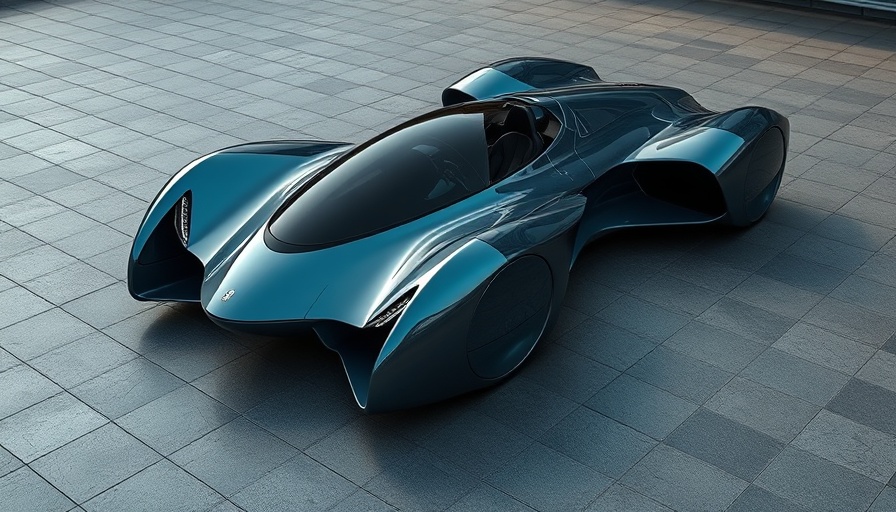 Futuristic flying car parked on industrial tiles, sleek design.
