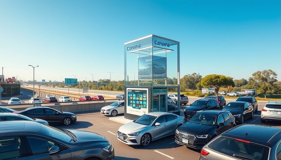 Glass car vending machine by Carvana with cars parked below.