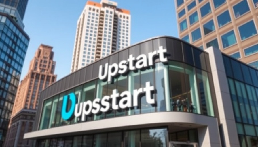 Upstart sign on office building related to auto loan originations.