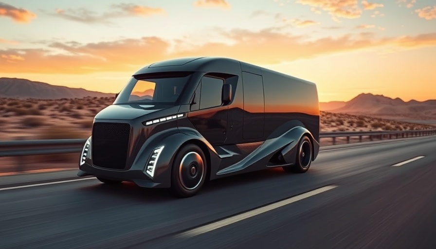 Futuristic driverless truck on a sunset highway.