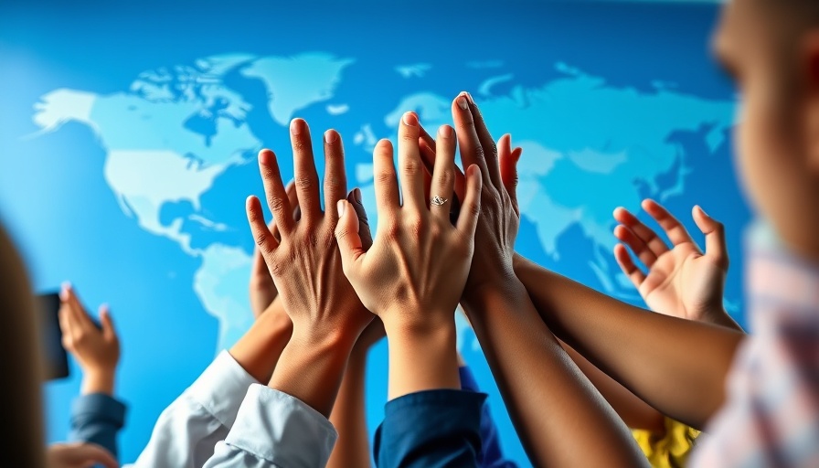 Hands expressing global teamwork over a world map, AI Factory as a Service.