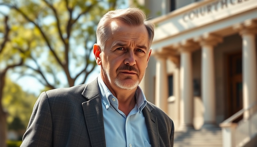 Middle-aged man in a suit outside courthouse, sunny day.