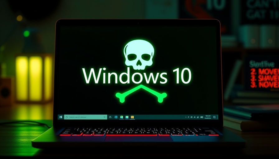 Ominous Windows 10 displayed on a neon green laptop screen with skull image.