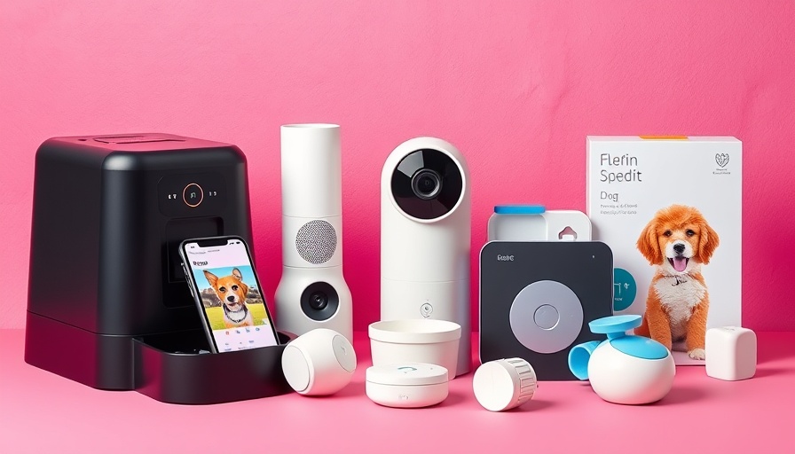 Modern pet gadgets for Amazon Pet Day Deals on pink background.