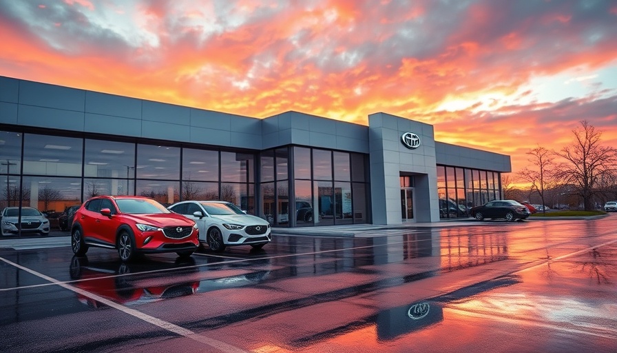 Modern car dealership at sunset showcasing used car financing rates