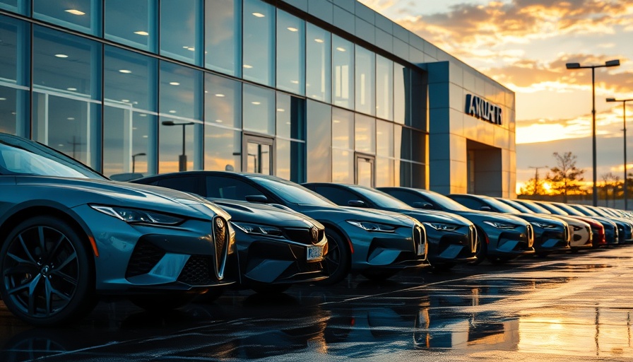 Modern automotive dealership at sunset showcasing sleek cars.