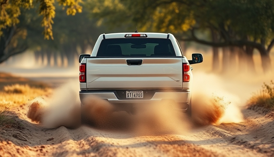 White pickup truck on dirt road creating dust cloud.