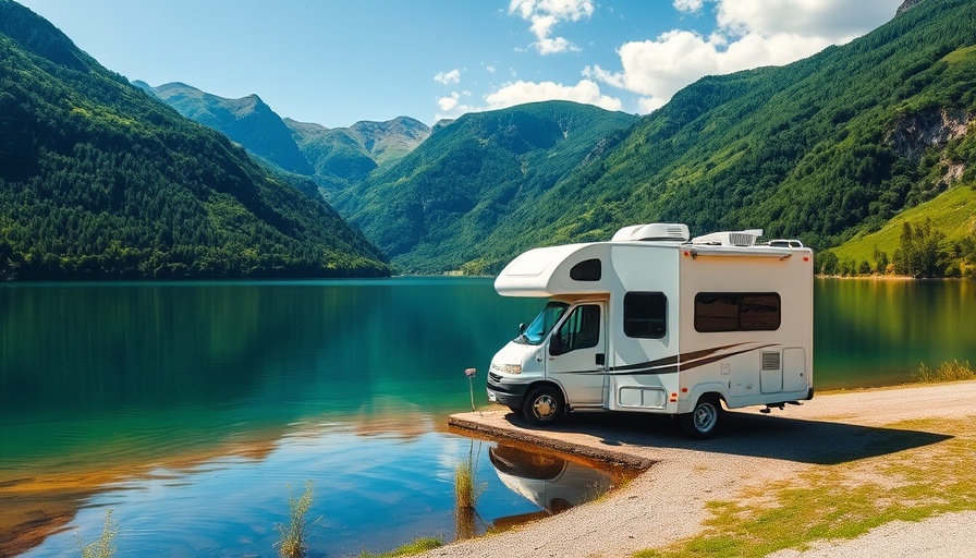 White RV by a peaceful lake, encapsulating serenity and nature.