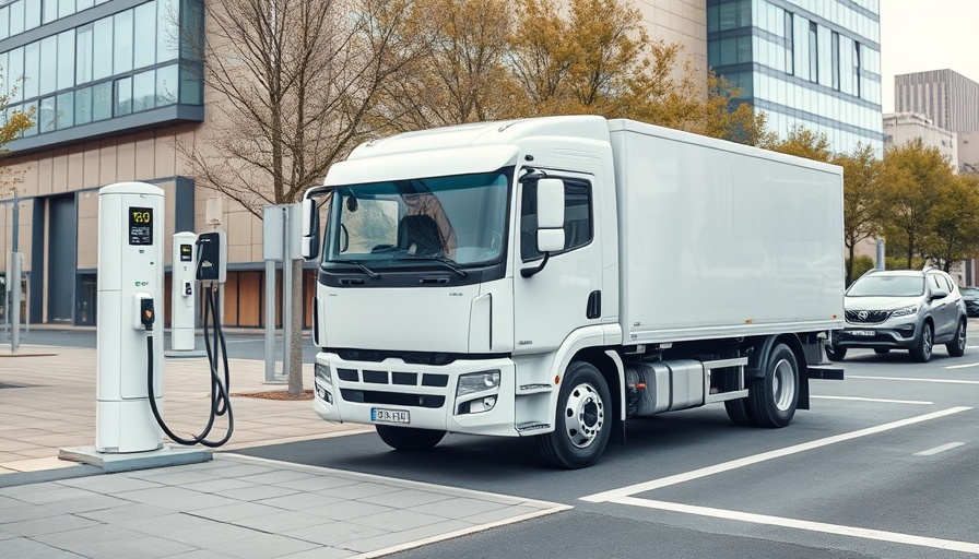 Electric truck using public eTruck charging service in sunny urban setting.