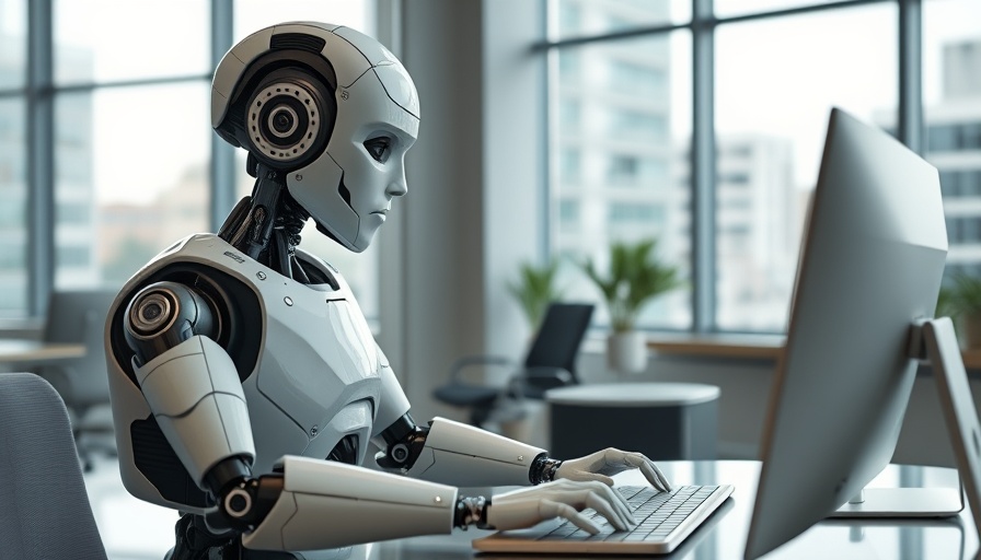 Futuristic humanoid robot working on a computer in a modern office.