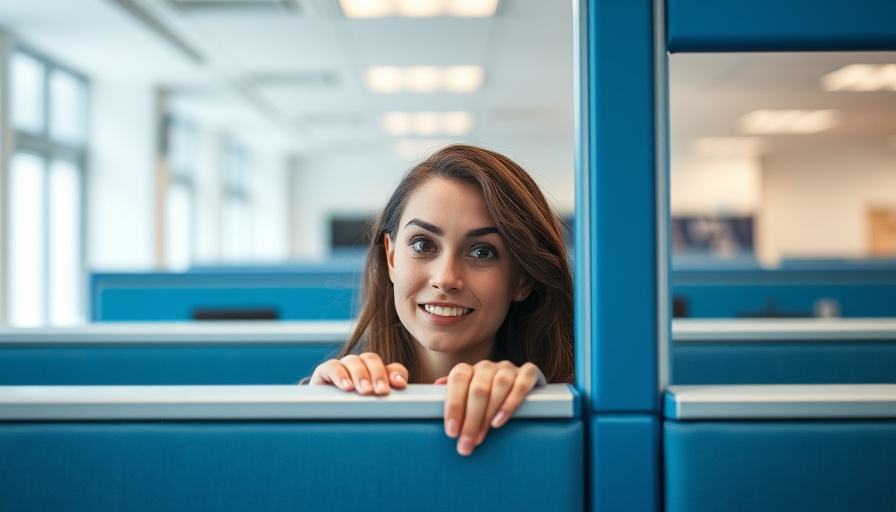 Curious woman peering over cubicle in modern office environment.