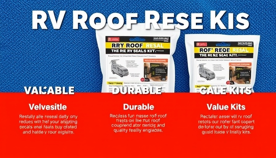 Informative display of top RV roof reseal kits on blue background.