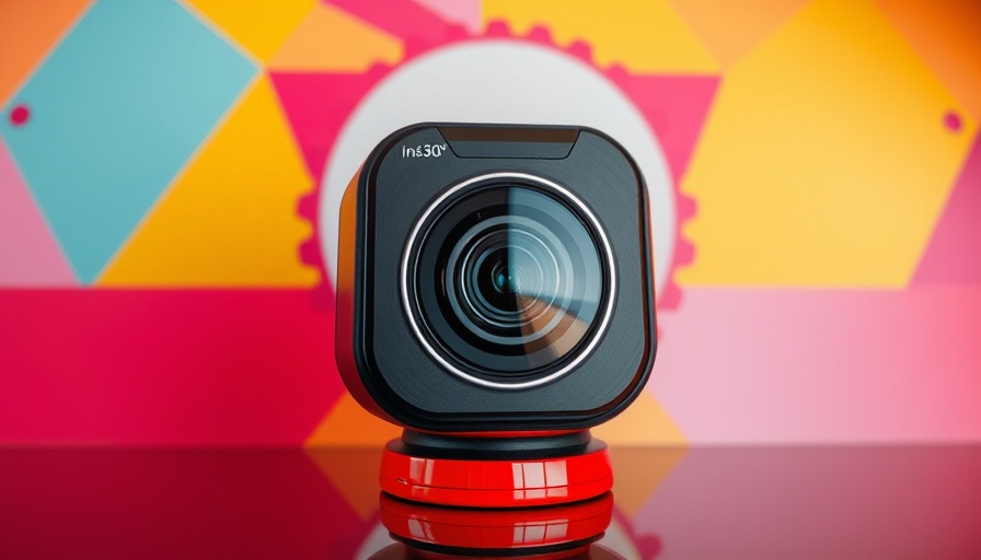 Modern Insta360 X5 360 camera with geometric elements.