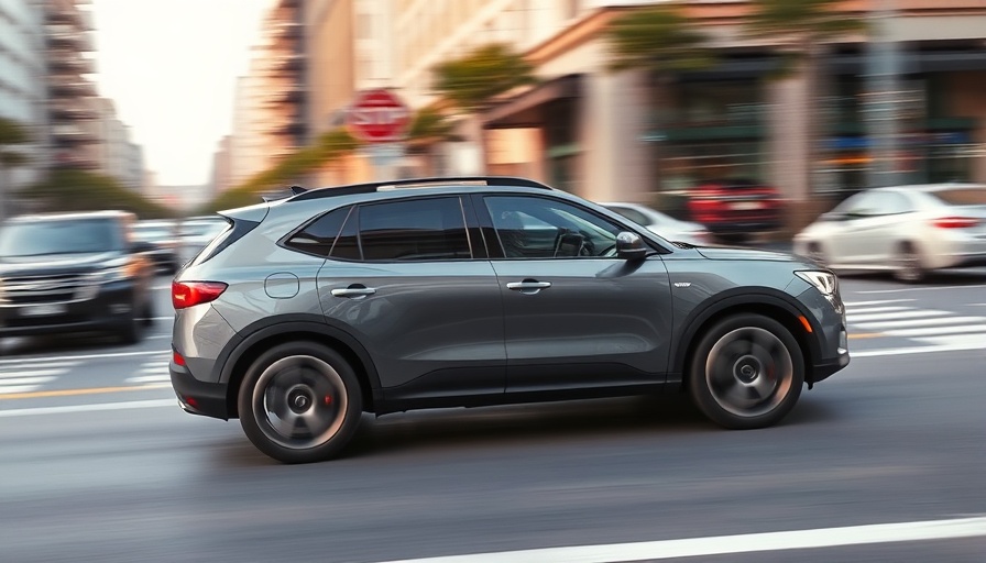 Gray SUV speeding through city street, motion blur.